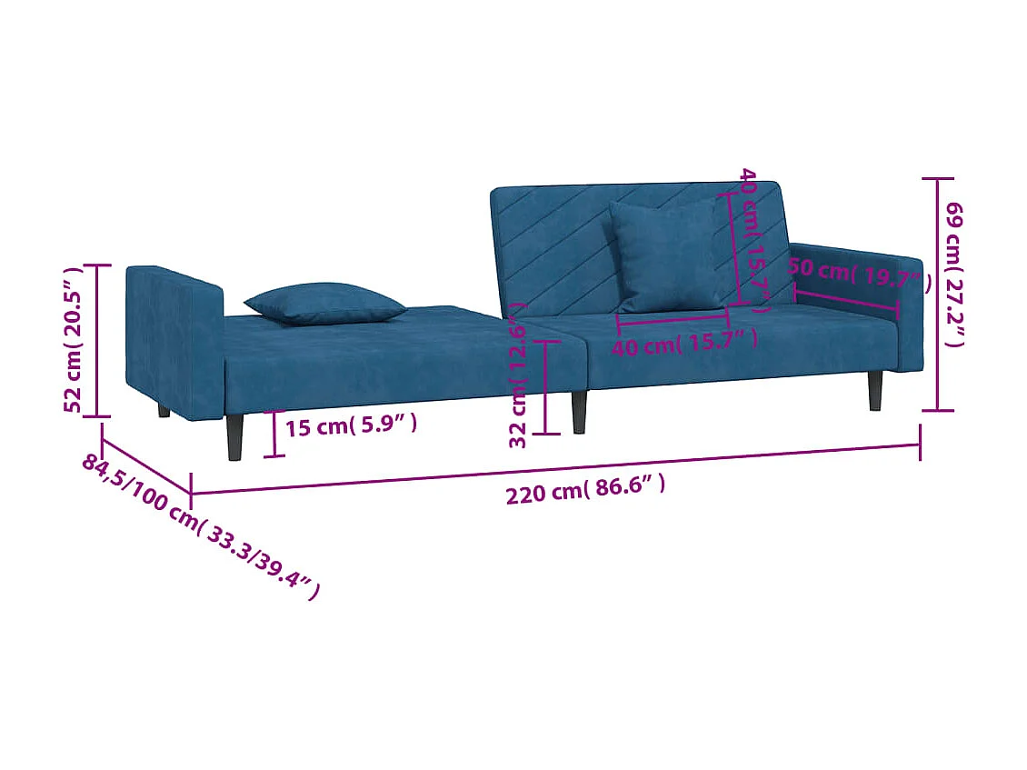 Canapé-lit à 2 places avec deux oreillers bleu velours