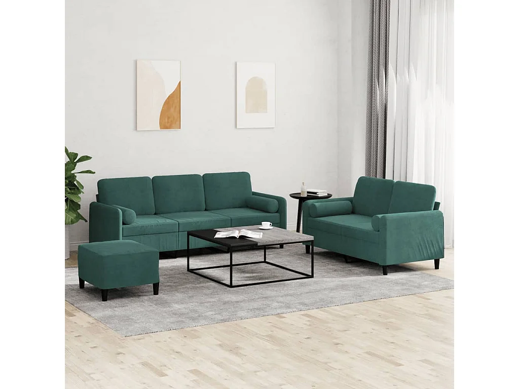 3 pcs conjunto de sofás com almofadas veludo verde-escuro