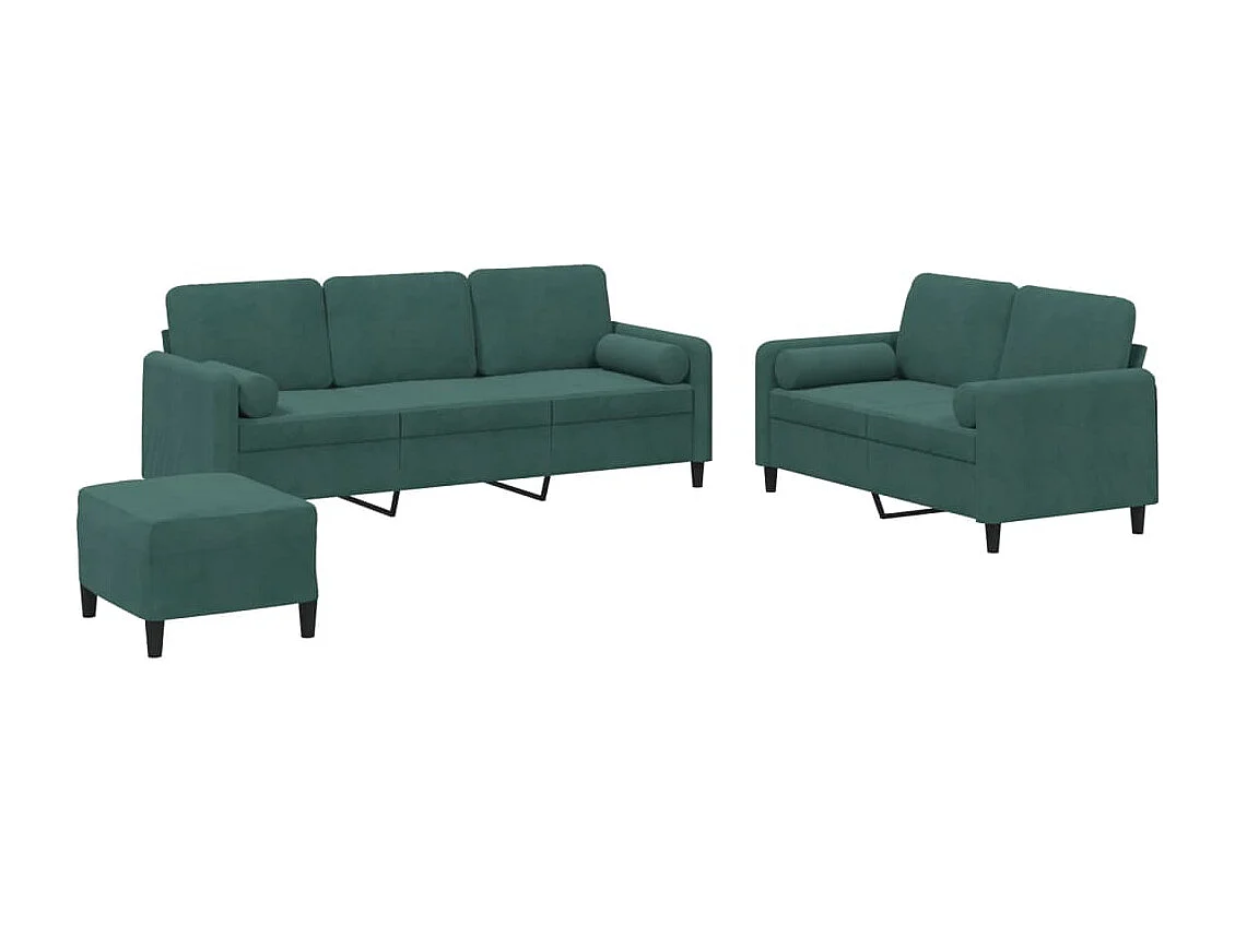 3 pcs conjunto de sofás com almofadas veludo verde-escuro