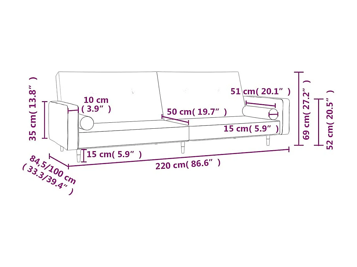 Sofá cama de 2 plazas con dos almohadas terciopelo amarillo
