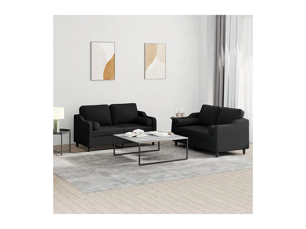 Ensemble de canapés 2 pcs avec coussins noir tissu