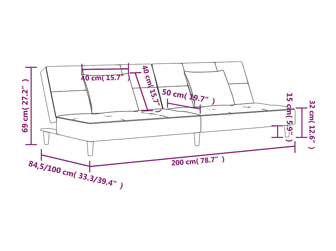Canapé-lit à 2 places avec deux oreillers Noir Velours