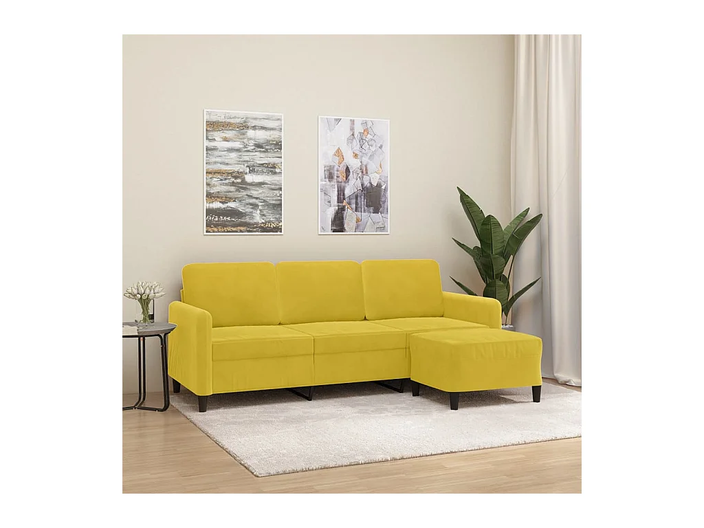 Canapé à 3 places avec repose-pieds jaune 180 cm velours
