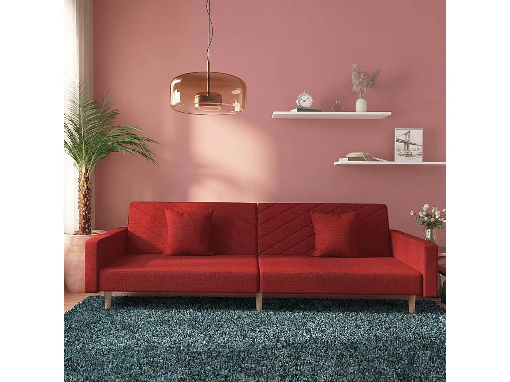Sofá-cama 2 lugares com duas almofadas tecido vermelho tinto