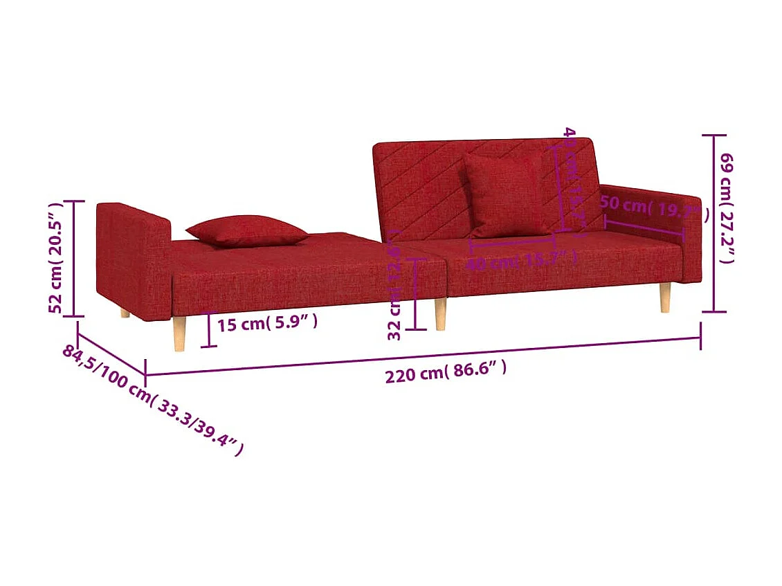 Sofá-cama 2 lugares com duas almofadas tecido vermelho tinto
