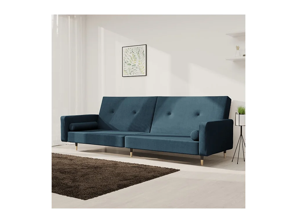 Canapé-lit à 2 places avec deux oreillers bleu velours