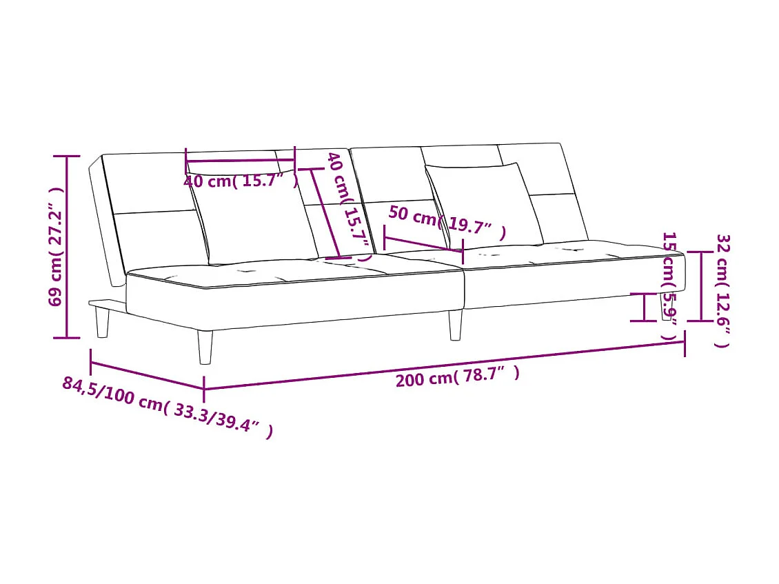 Canapé-lit à 2 places avec deux oreillers gris clair tissu