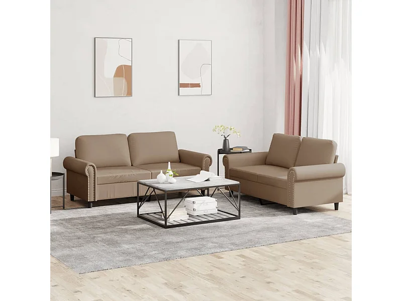 2-tlg. Sofagarnitur mit Kissen Cappuccino-Braun Kunstleder