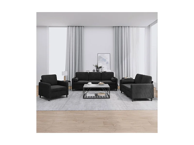 3-tlg. Sofagarnitur mit Kissen Schwarz Samt