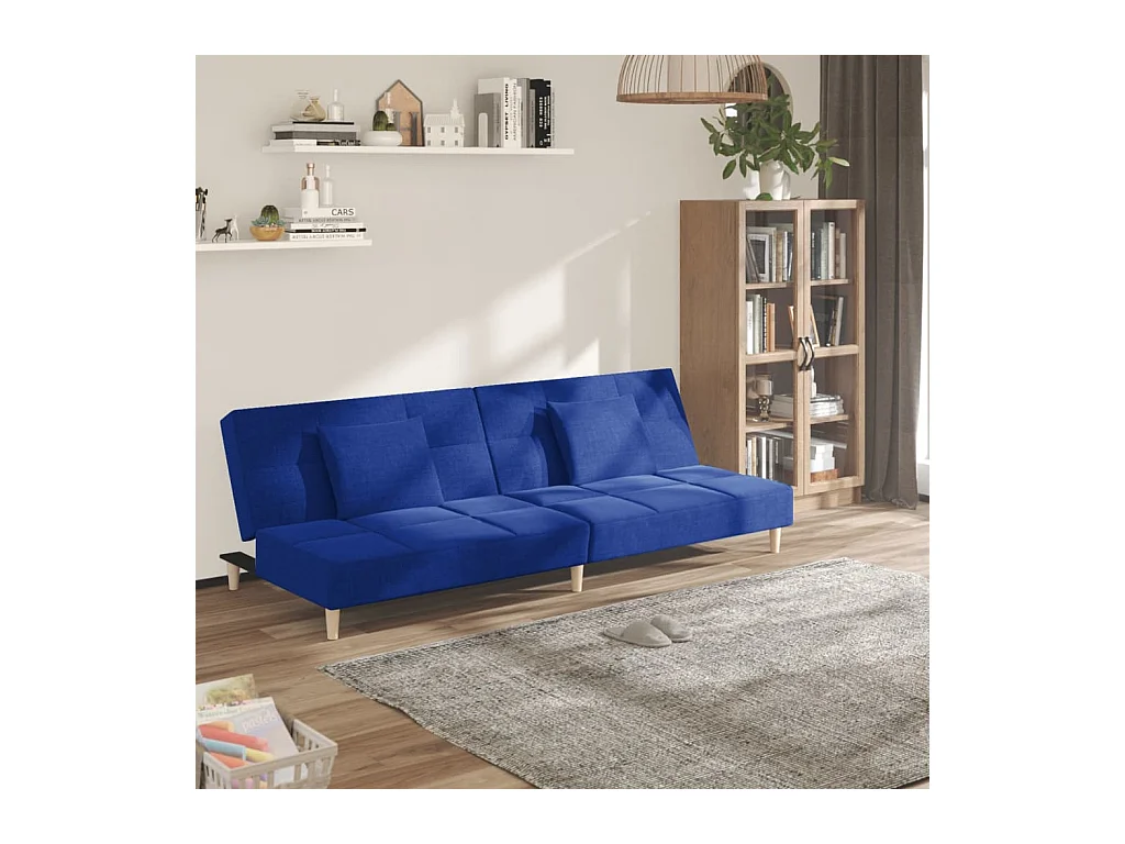 Canapé-lit à 2 places avec deux oreillers bleu tissu