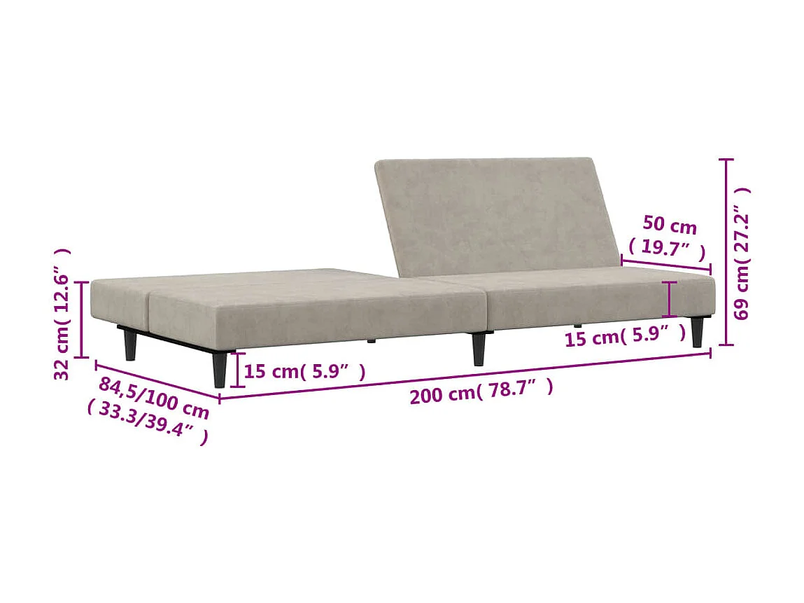 Slaapbank 2-zits fluweel lichtgrijs