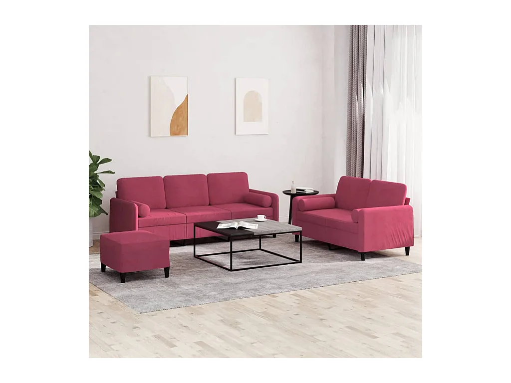 Ensemble de canapés 3 pcs avec coussins rouge bordeaux velours