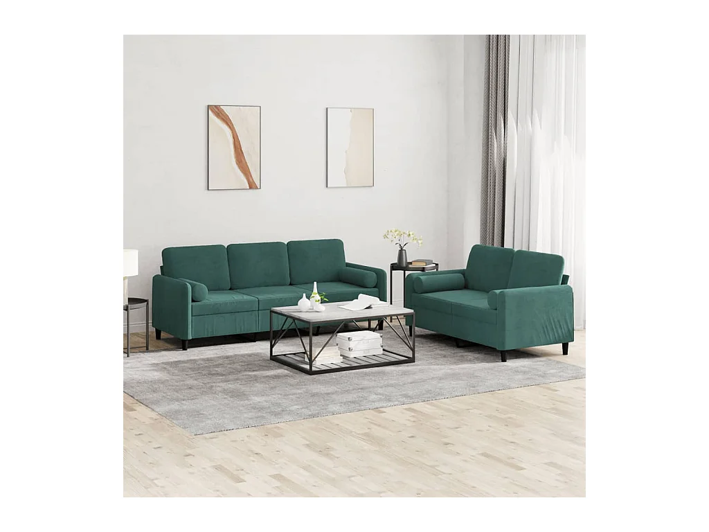 Ensemble de canapés 2 pcs avec coussins vert foncé velours