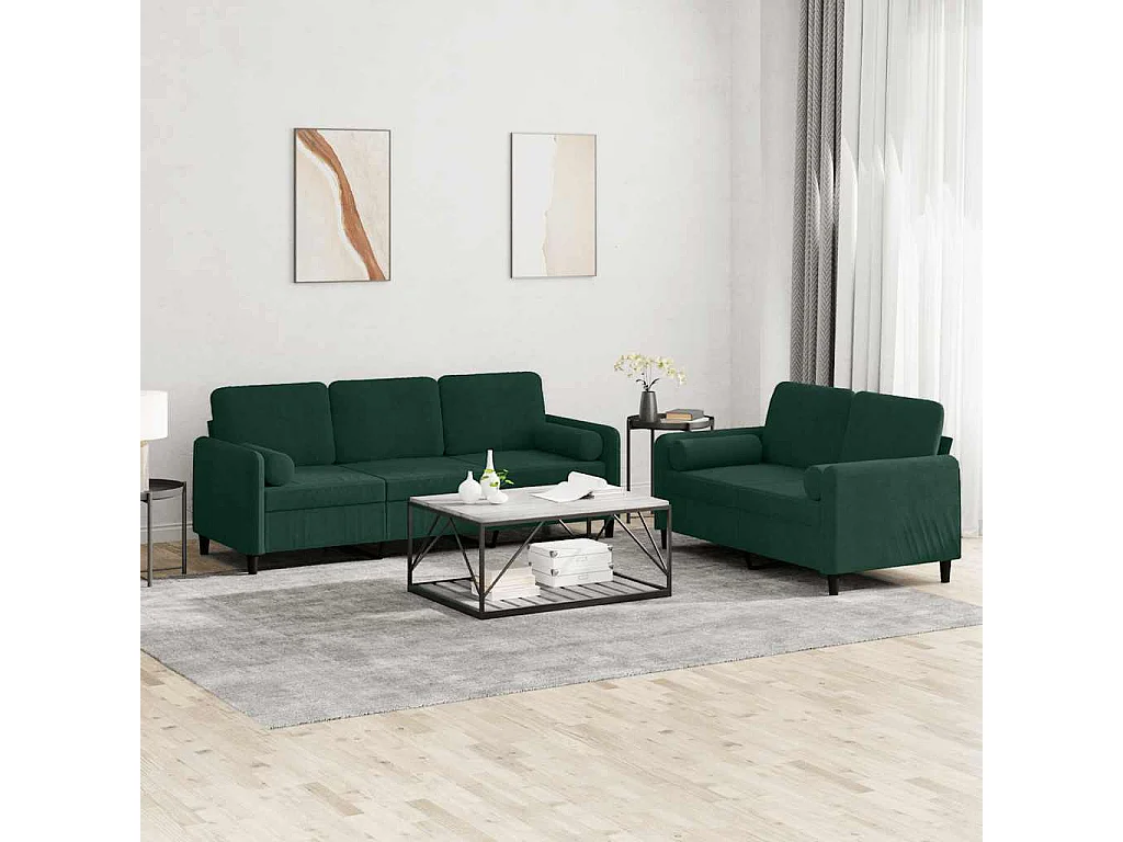 Ensemble de canapés 2 pcs avec coussins vert foncé velours