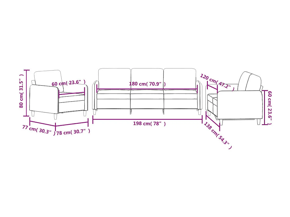 3-delige Loungeset fluweel wijnrood