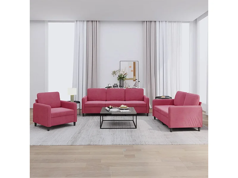 3 pcs conjunto de sofás veludo vermelho-tinto