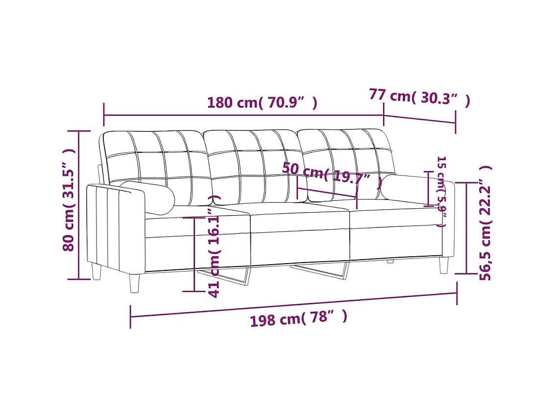 Canapé 3 places avec oreillers décoratifs marron 180 cm tissu