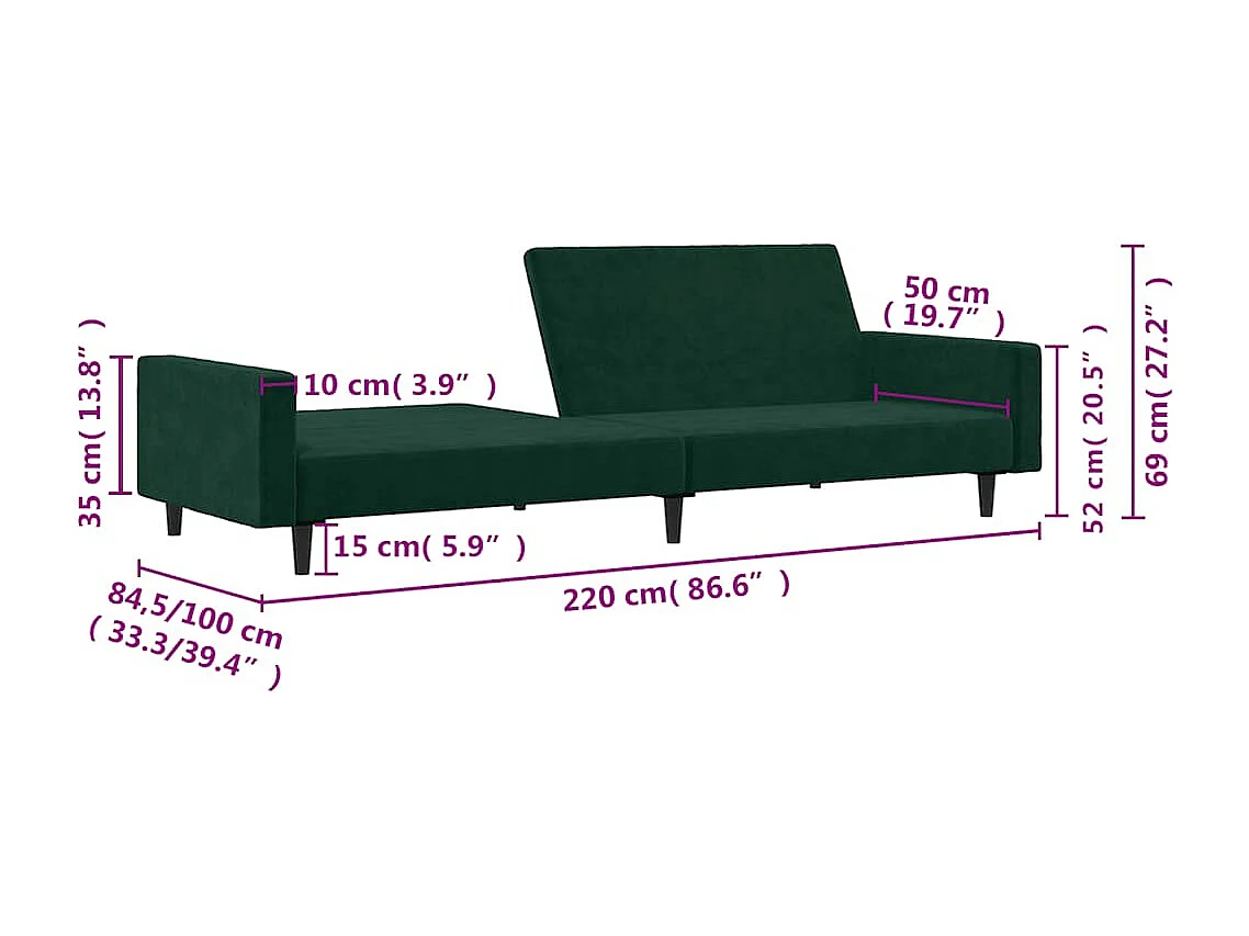 Sofá cama de 2 plazas terciopelo verde oscuro