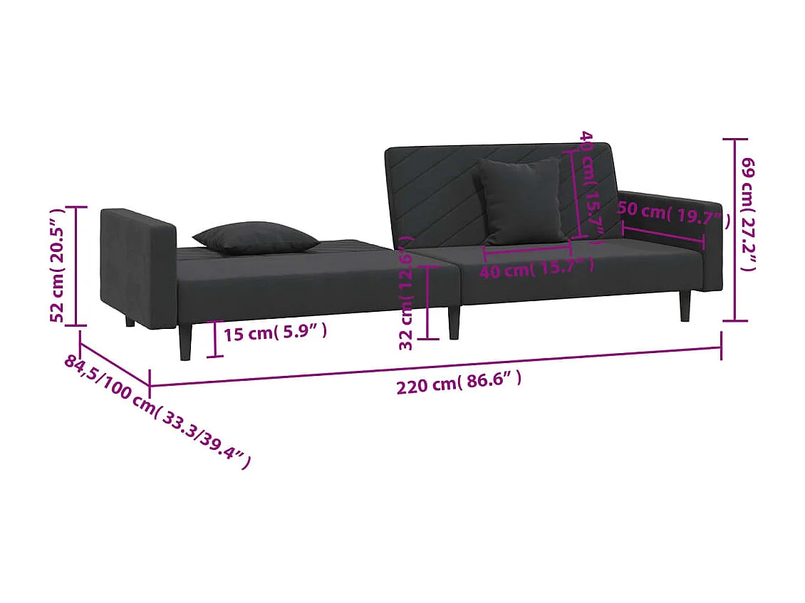 Canapé-lit à 2 places avec deux oreillers Noir Velours