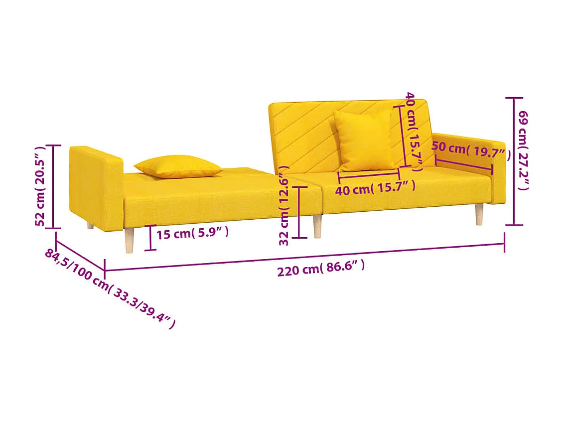 Sofá cama de 2 plazas con dos almohadas tela color amarillo