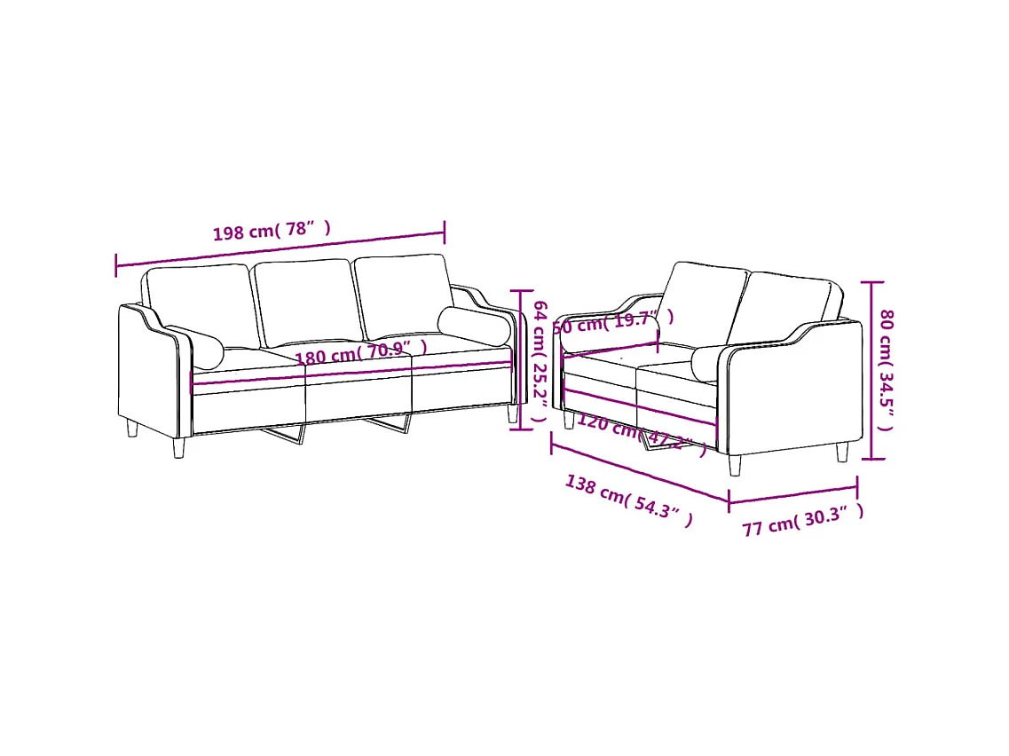 Ensemble de canapés 2 pcs avec coussins marron tissu