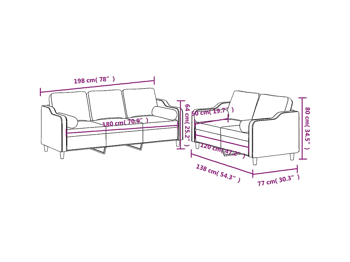 Ensemble de canapés 2 pcs avec coussins marron tissu
