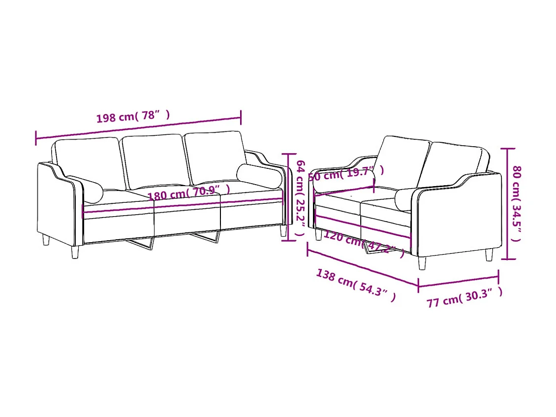 Ensemble de canapés 2 pcs avec coussins marron tissu