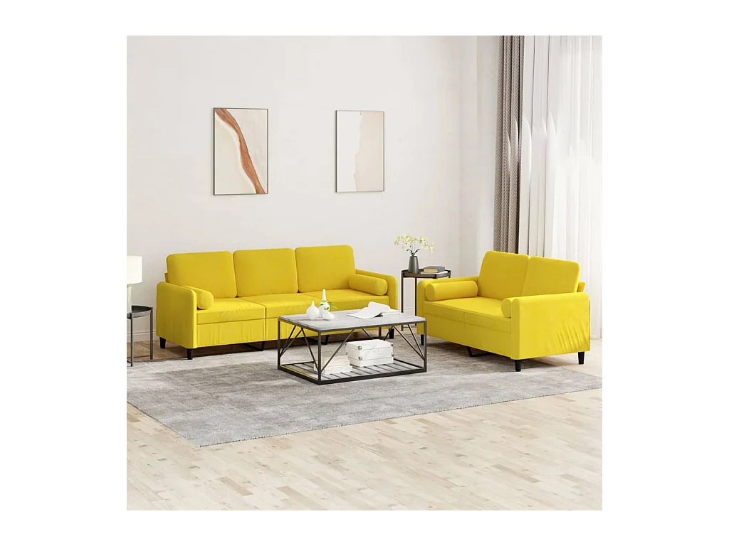 Ensemble de canapés 2 pcs avec coussins jaune velours