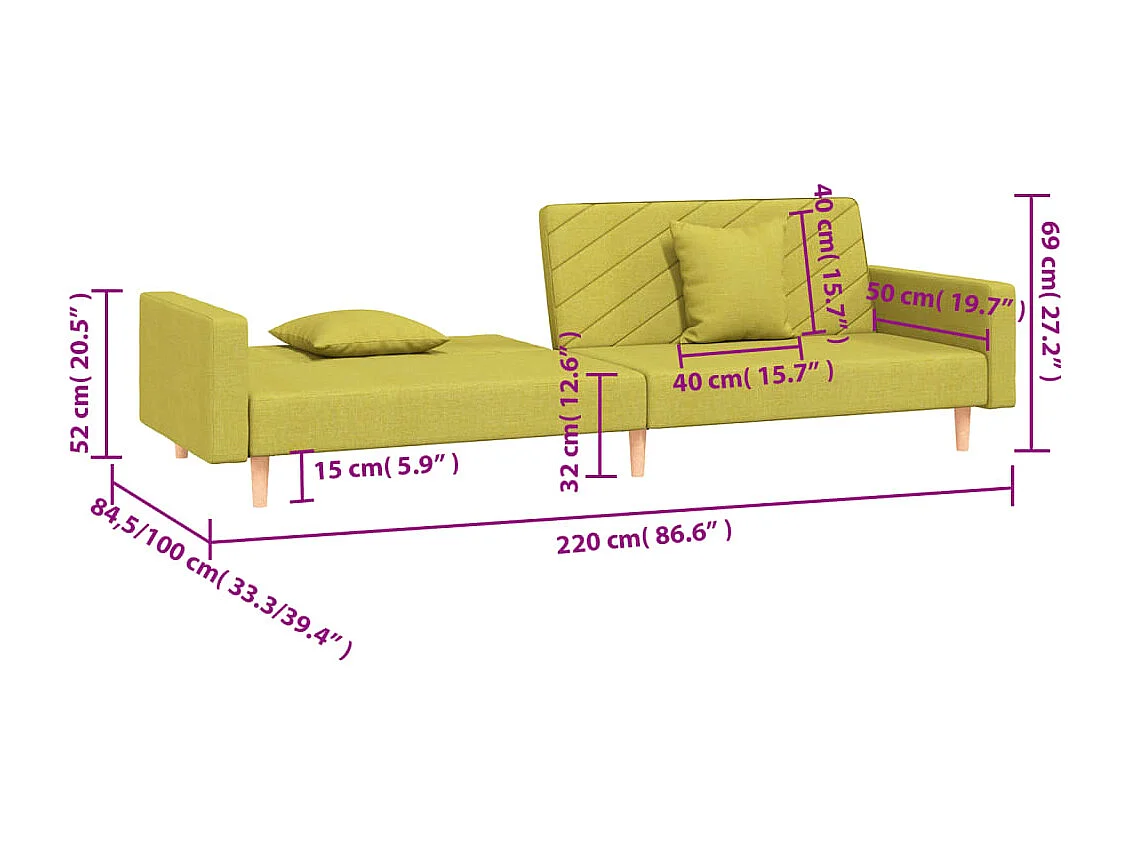 Canapé-lit à 2 places avec deux oreillers Vert Tissu