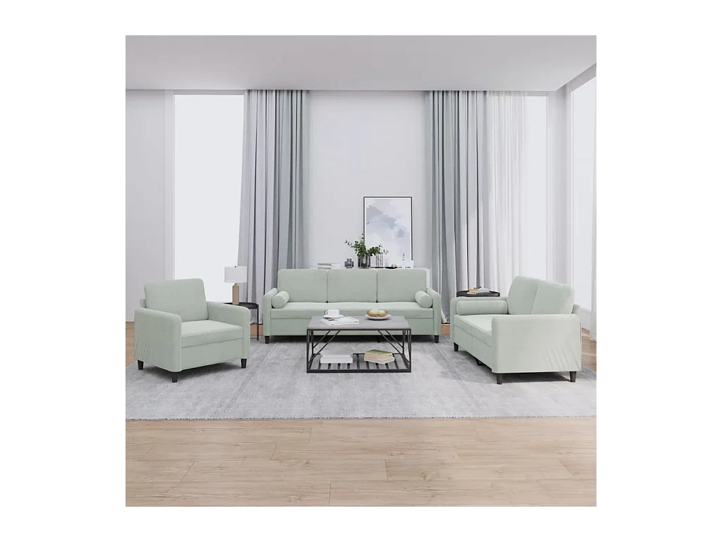Ensemble de canapés 3 pcs avec coussins gris clair velours
