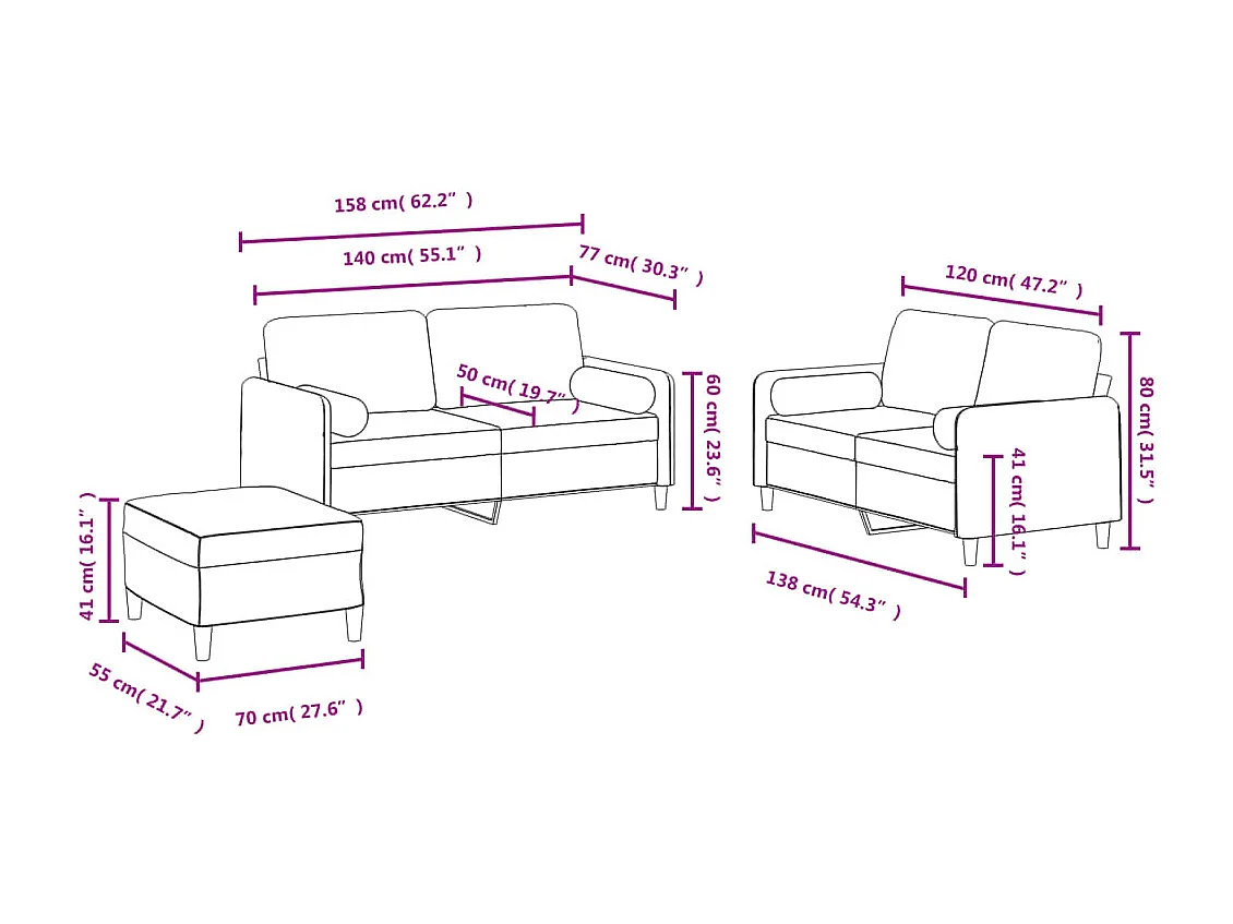 3-delige Loungeset met kussens fluweel lichtgrijs