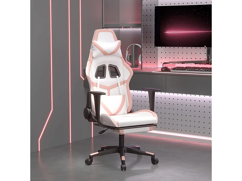Sedia da Gaming con Poggiapiedi Bianco e Rosa in Similpelle