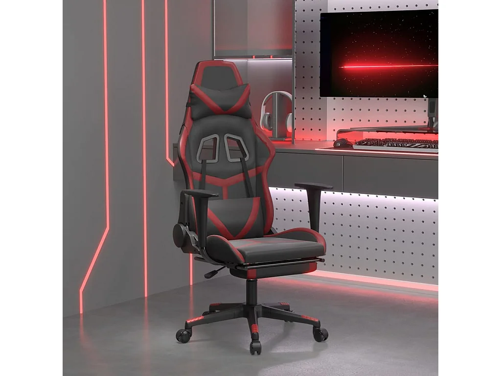 Sedia Gaming Massaggio Poggiapiedi Nero e Rosso Vino Similpelle