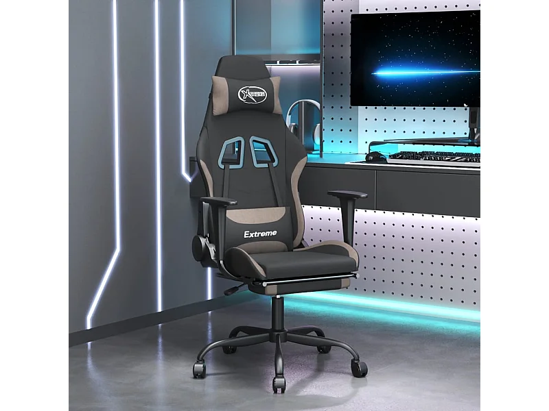 Silla gaming con reposapiés tela negro y gris taupe