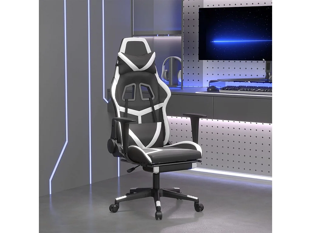 Sedia da Gaming con Poggiapiedi Nero e Bianco in Similpelle