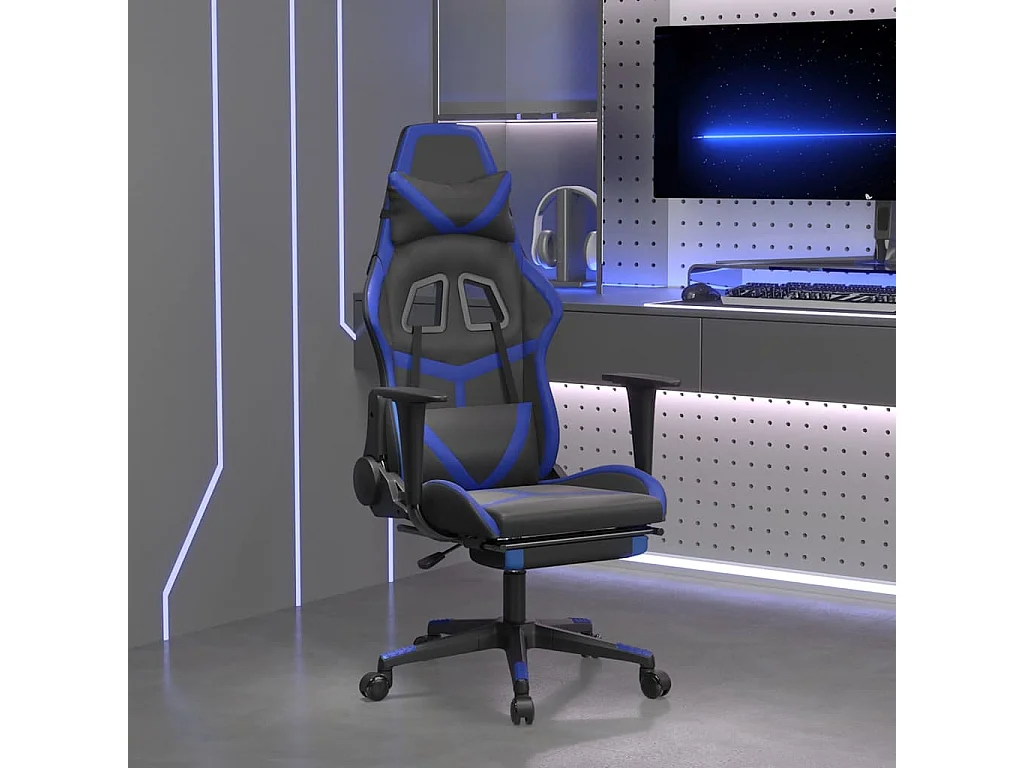 Chaise de jeu de massage et repose-pied Noir et bleu Similicuir