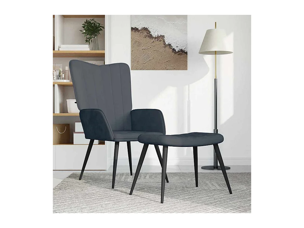 Poltrona Relax con Sgabello Grigio Scuro in Velluto