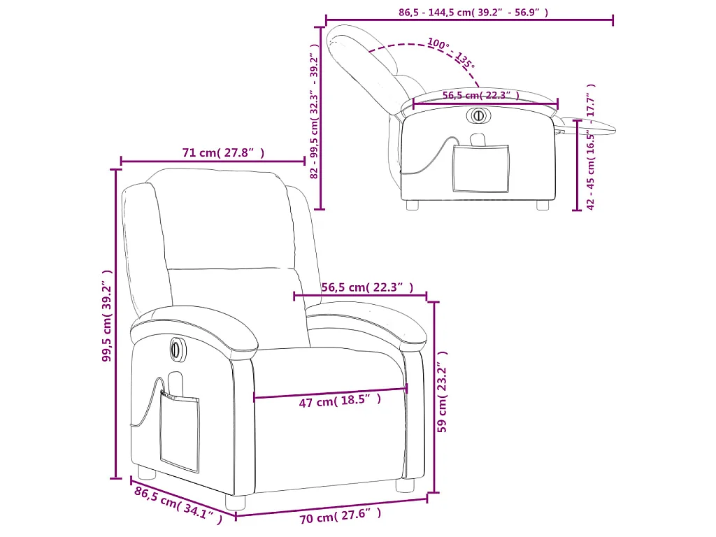 Fauteuil de massage inclinable électrique noir cuir véritable