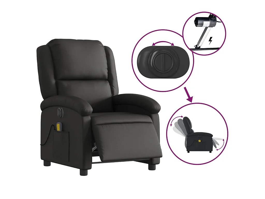 Fauteuil de massage inclinable électrique noir cuir véritable
