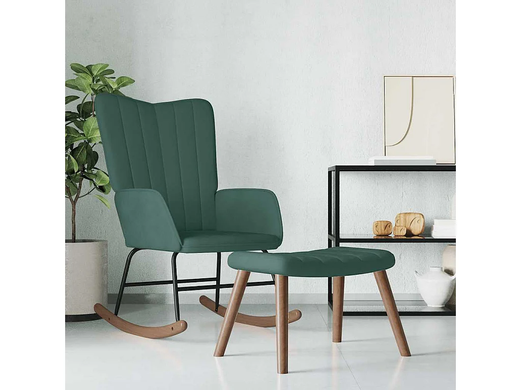 Silla mecedora con reposapiés terciopelo verde oscuro
