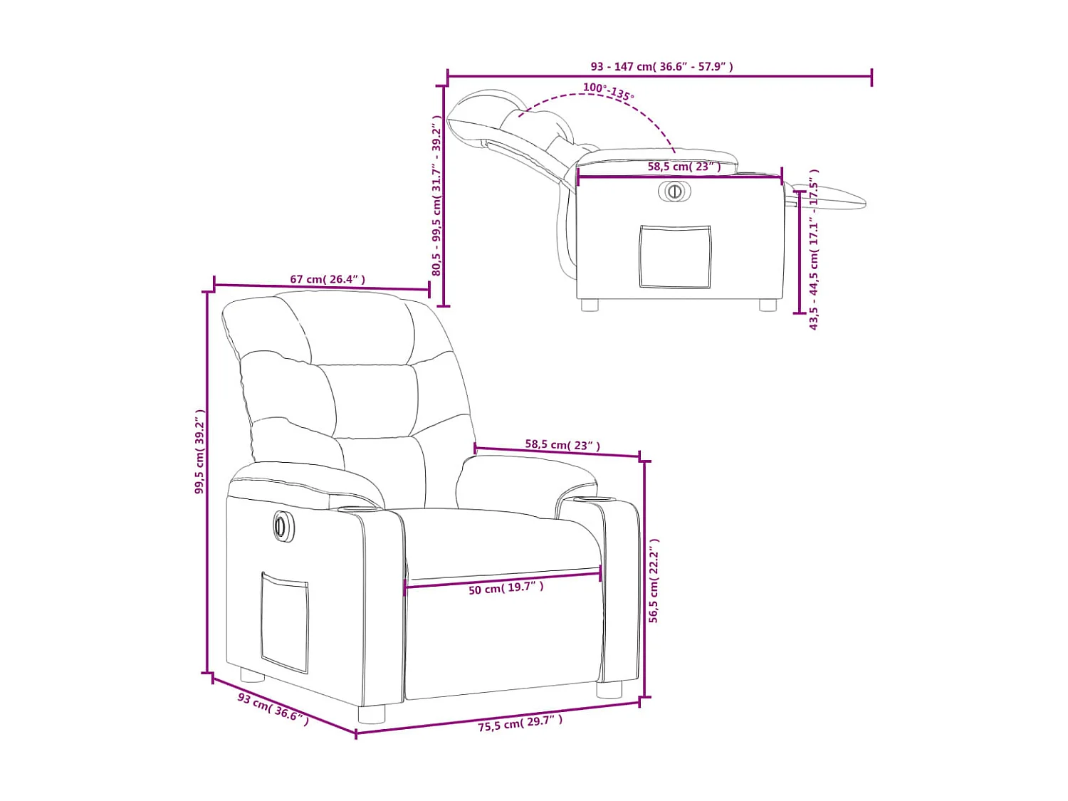 Sillón reclinable eléctrico de cuero sintético crema
