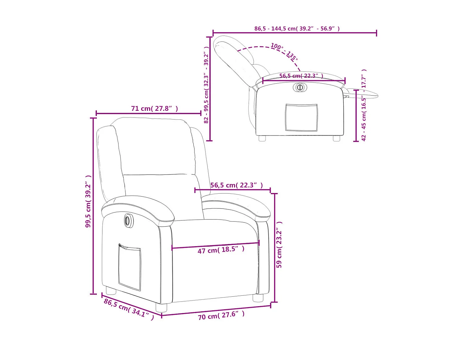 Sillón reclinable eléctrico de cuero auténtico negro