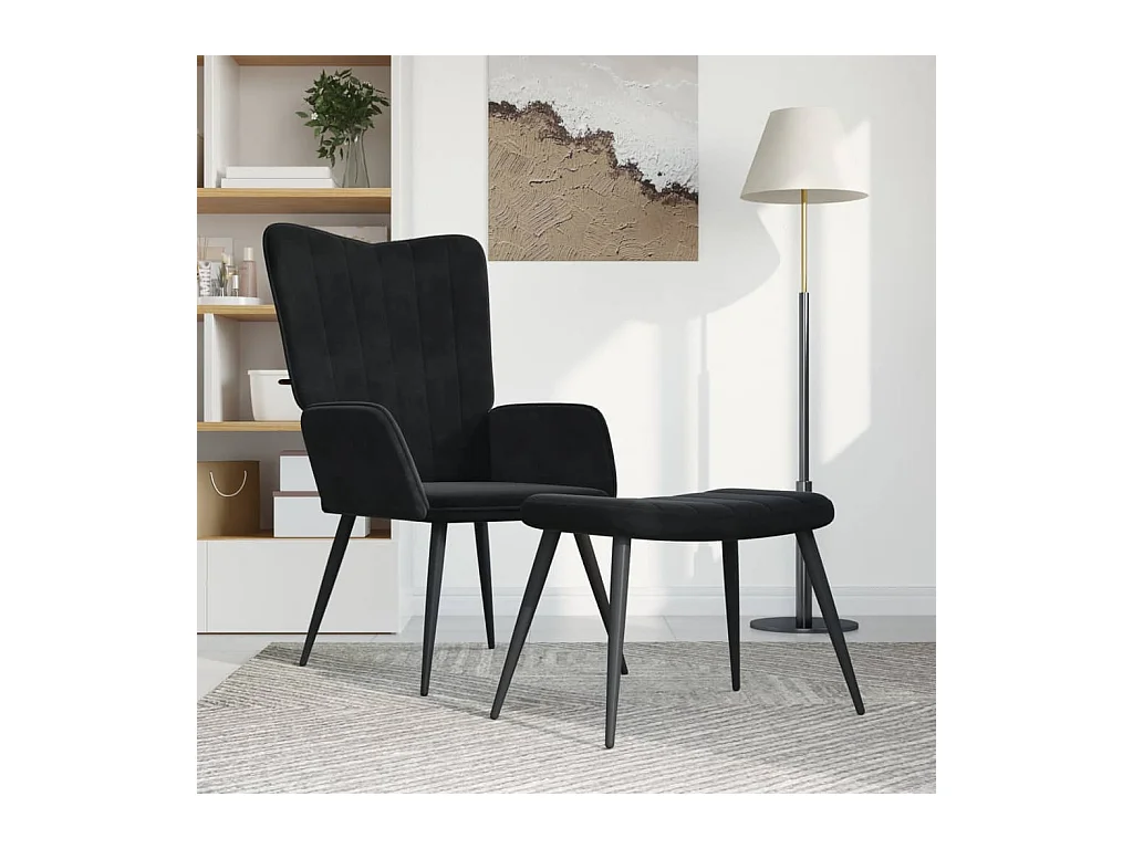 Chaise de relaxation avec tabouret Noir Velours
