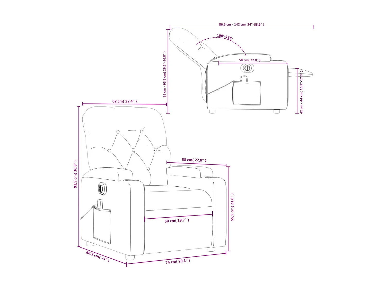 Massagesessel Elektrisch Weinrot Stoff