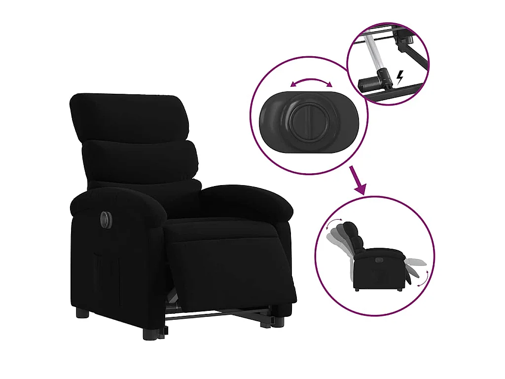 Elektryczny fotel relaksacyjny w kolorze czarnym z tkaniny z funkcją podnoszenia i elektrycznego odchylenia