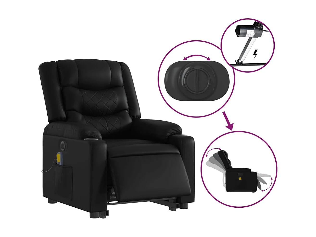 Sillón de masaje elevable eléctrico cuero sintético negro