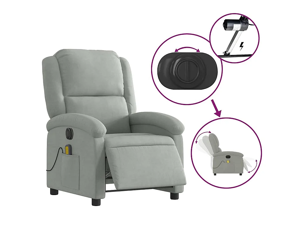 Fauteuil inclinable électrique de massage gris clair velours