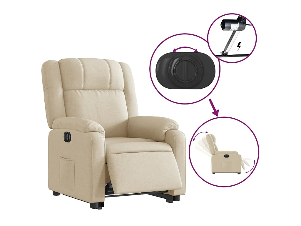 Elektryczny fotel relaksacyjny z funkcją podnoszenia i automatycznym odchyleniem, kremowy materiał