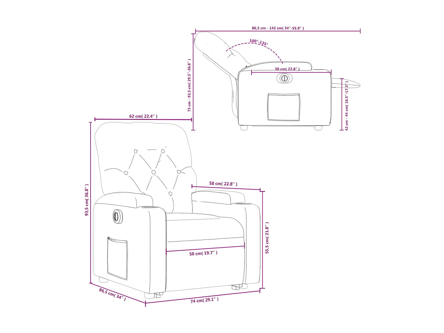 Fauteuil inclinable électrique noir tissu