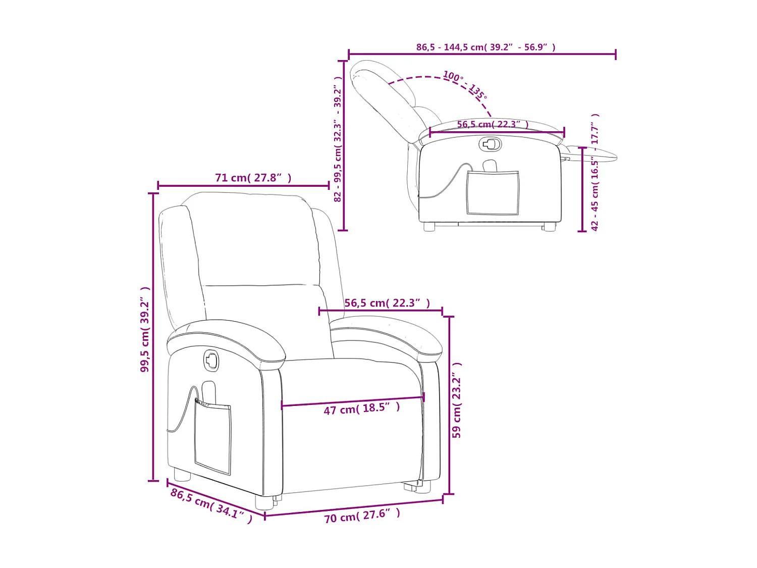 Sillón reclinable de masaje elevable cuero auténtico negro
